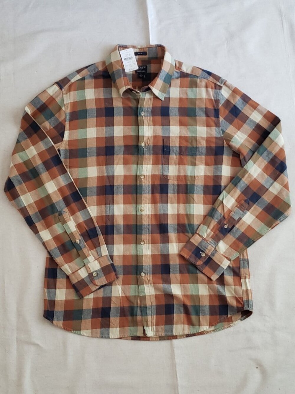 J. Crew Men's Size L Flannel Slim Button-Up Shirts Brown Beige Plaid Cotton